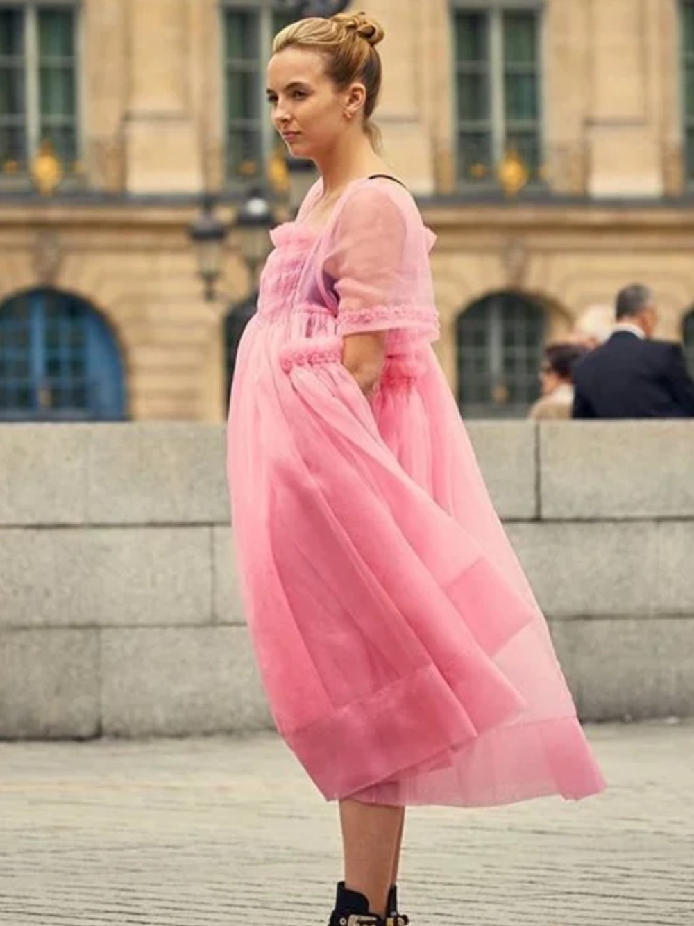 Sheer Pink Midi Dress with Puff Sleeves